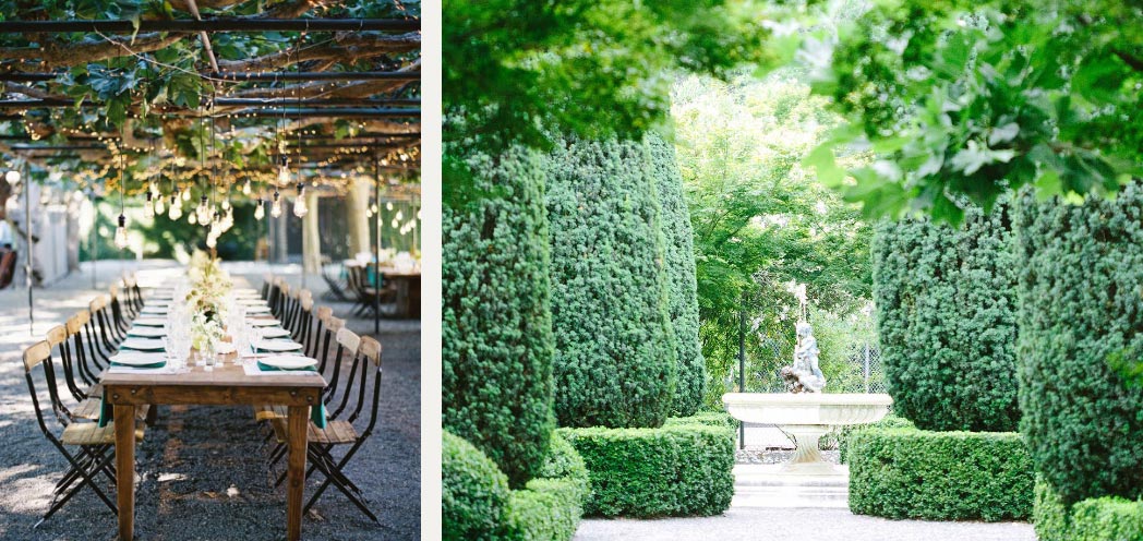 Beaulieu Garden's arbor set up for an event (left), the Italian garden (right)